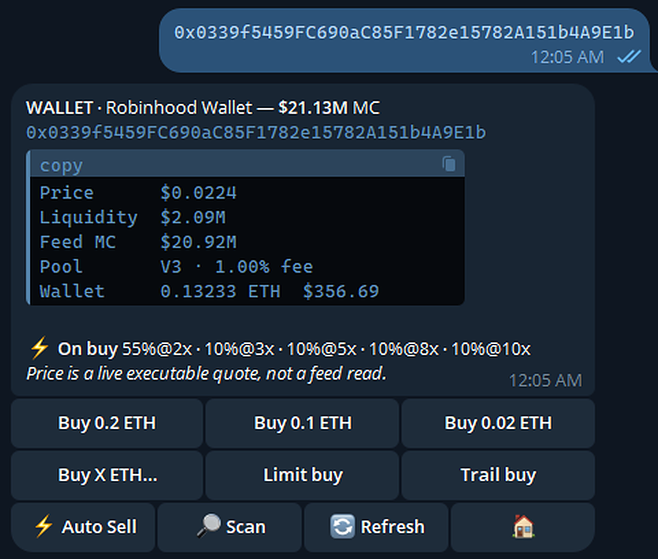 A contract pasted into the bot, and the bot's reply: price, liquidity and buy buttons