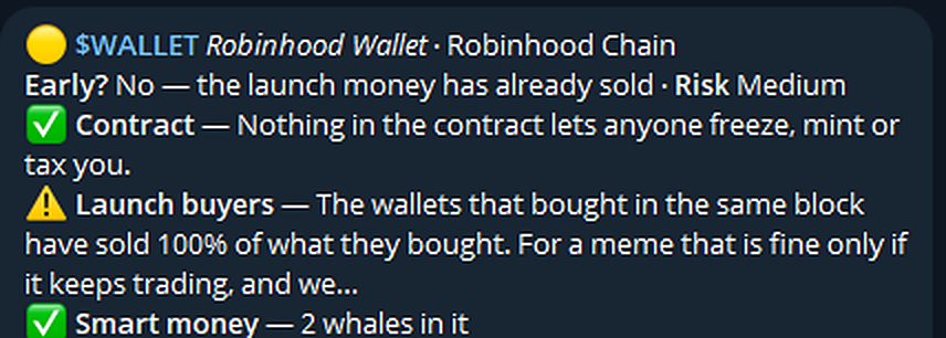 A real Scan reply in the PumpPill trade bot