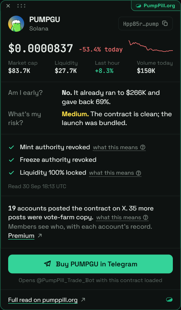 The Lens card: price, am I early, what is my risk, the reasons, who posted it on X, and a Buy button