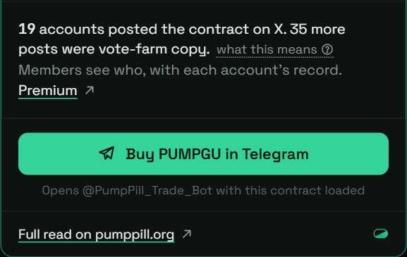The Lens card: accounts that posted the contract on X, and the Buy in Telegram button